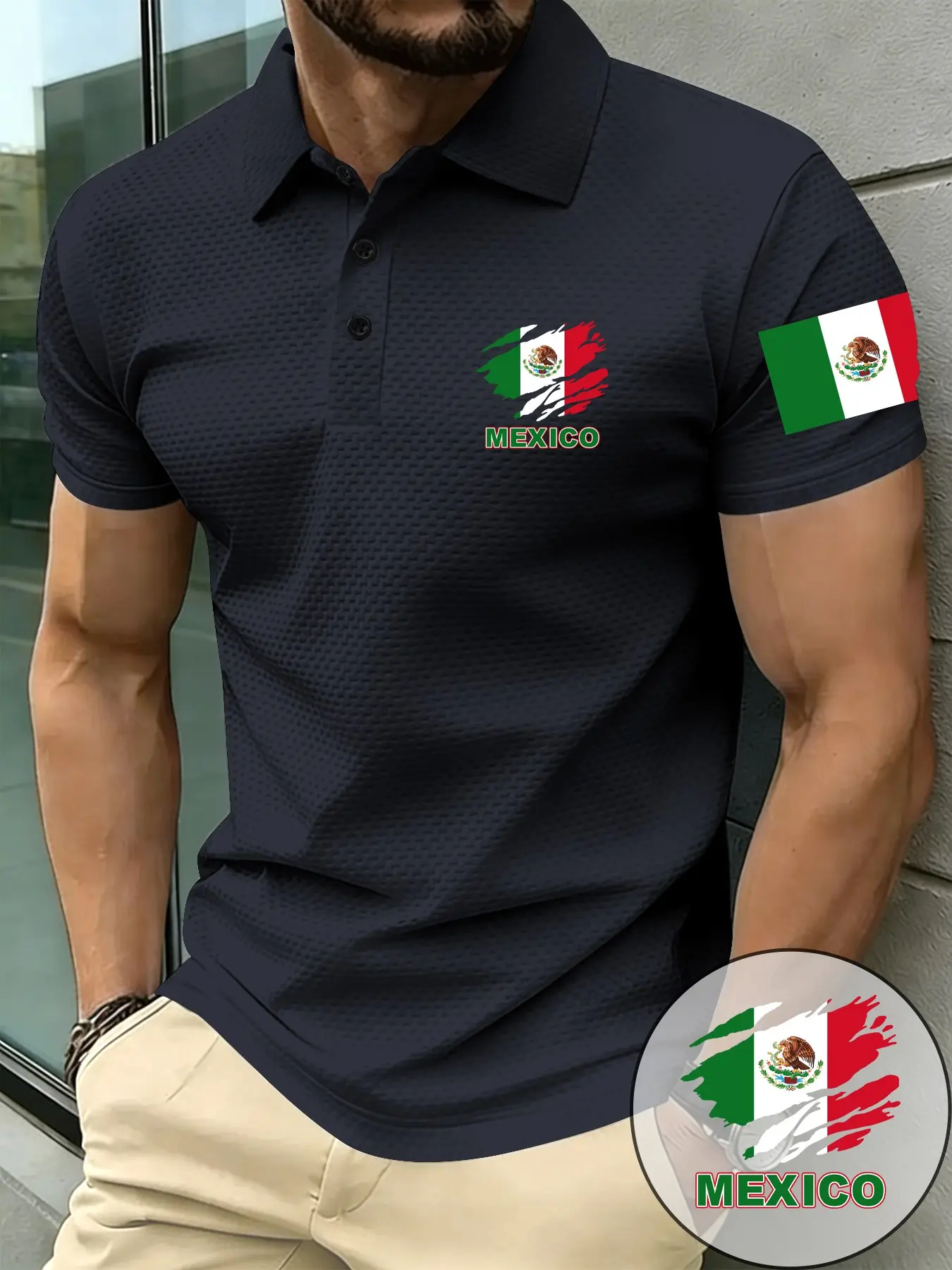 Mexico Patriotic Men's Lapel Short Sleeve Fitted T-Shirt, Mexican Flag Print Trendy Textured Premium Fitted Polo Shirt, Summer Fashion Business Casual Top, Summer Polo Shirts