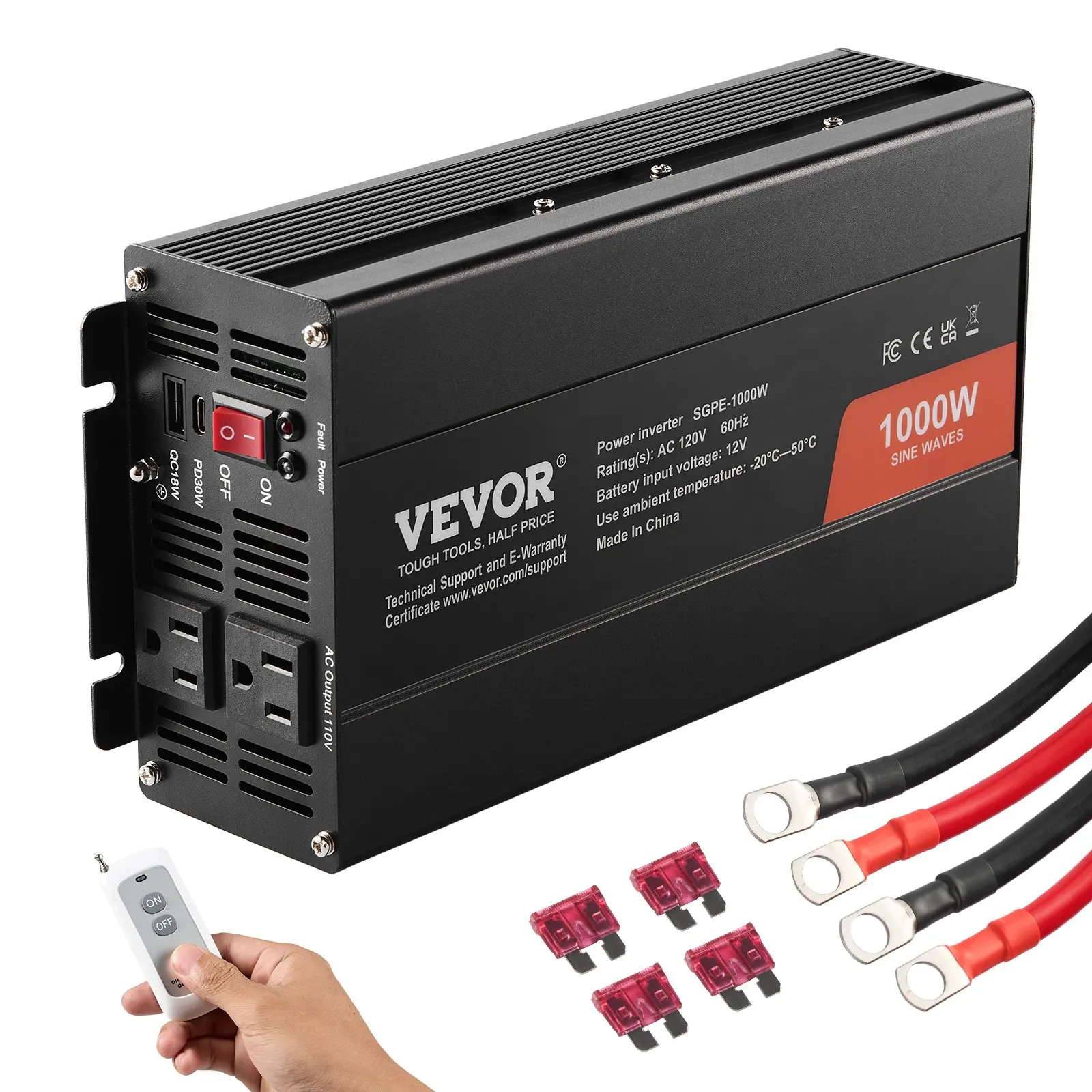 VEVOR 1000W Max Portable Power Inverter with Copper Wires, DC 12V to AC 120V Sine Wave Converter, Dual AC Sockets, 1 USB Port, 1 Type-C Port, Remote Control, Intelligent Temperature-Controlled Fan, 4 Spare Fuses, CE FCC Approved for Portable Electronics,