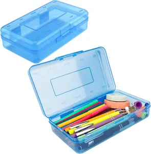 Pencil Box, Clear Pencil Case, Large Capacity Plastic Hard Pencils Case Crayon Box with Snap-Tight Lid Stackable for Kids Adult Student Pens Pencils School Supplies Storage Office Supplies, Blue