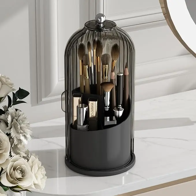 Space Saving Multi-Purpose Rotating Countertop Tidy Caddy with Dustproof Dome Lid, Dual Use Centralized Storage Organizer for Bathroom Oral Care & Vanity Cosmetic Skincare Tools Small Space Clutter Solution