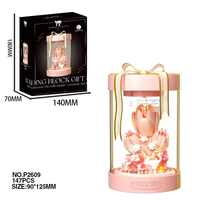Pink Tulip Forever Flower Building Block Display Dome with Warm Night Light - Never Wilting DIY Floral Decor Kit, Romantic Buildable Gift Set for Wife Mom (Valentine's Day/Mother's Day Wedding)