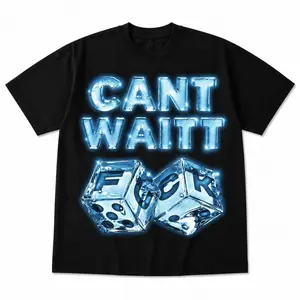 Y2K Cant Waitt Ice Font Graphic T-Shirt, 3D Glowing Blue Frozen Ice Cube Dice with FCK Lettering Print, Unisex Black Streetwear Tee, Cyberpunk Urban Fashion Outfit