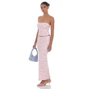 Strapless Floral Lace Two Piece Set in Pink