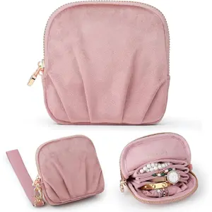 Velvet Travel Jewelry Pouch, 2-in-1 Clamshell Case with Detachable Insert, Portable Travel Jewelry Organizer with Wrist Strap, Converts to Mini Coin Purse, Gift for Women & Girls (Dusty Pink)