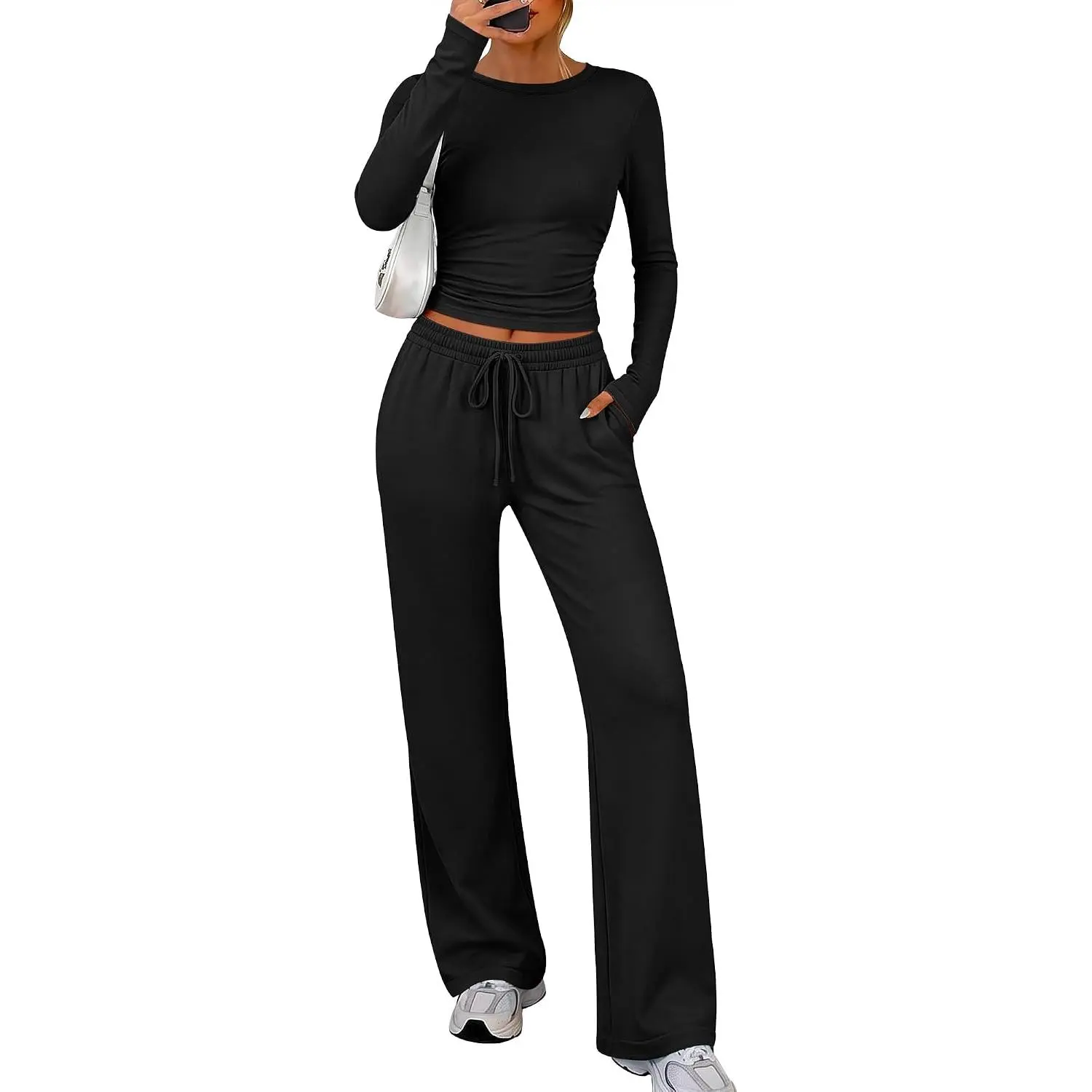 ANRABESS Womens 2 Piece Soft Comfy Lounge Sets | Long Sleeve Ruched Side Top Wide Leg Drawstring Pants with Pockets, Travel Matching Set, Fall Winter Outfit Adjustable Slim