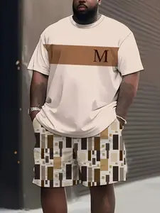 Men's Plus Size 2-Piece Set, Short Sleeve T-Shirt and Shorts, Round Neck, Polyester, Stretchy, Knitted Fabric, Print, Casual Sport Style Outfit