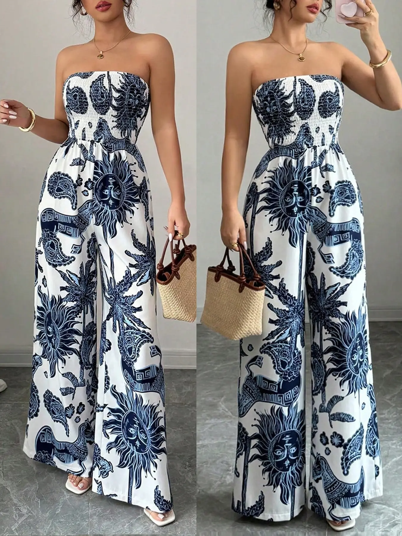 Women's Printed Floral Boho Halter Top Wide Leg Culotte Jumpsuit, Elegant Versatile Bohemian Vacation Commute Daily Wear, Fitted Waist Cinched Design Womenswear