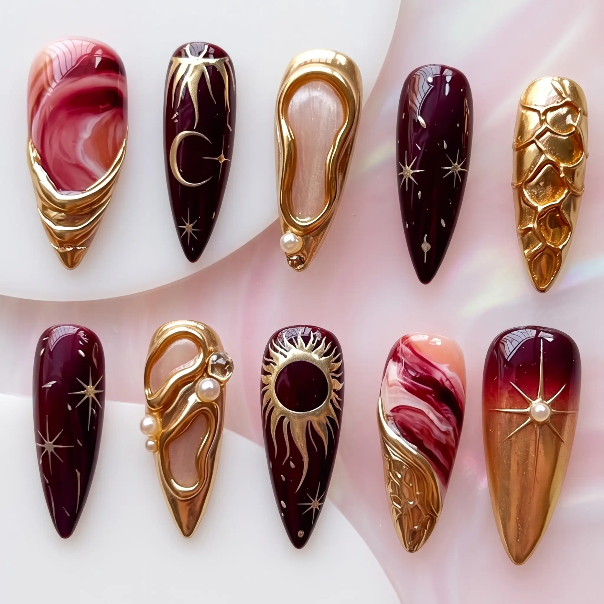 Gothic Burgundy Celestial Long Stiletto Press-On Nails, 3D Gold Sun, Moon & Star Accents with Pearls, Zatvios, Nail Art Designs