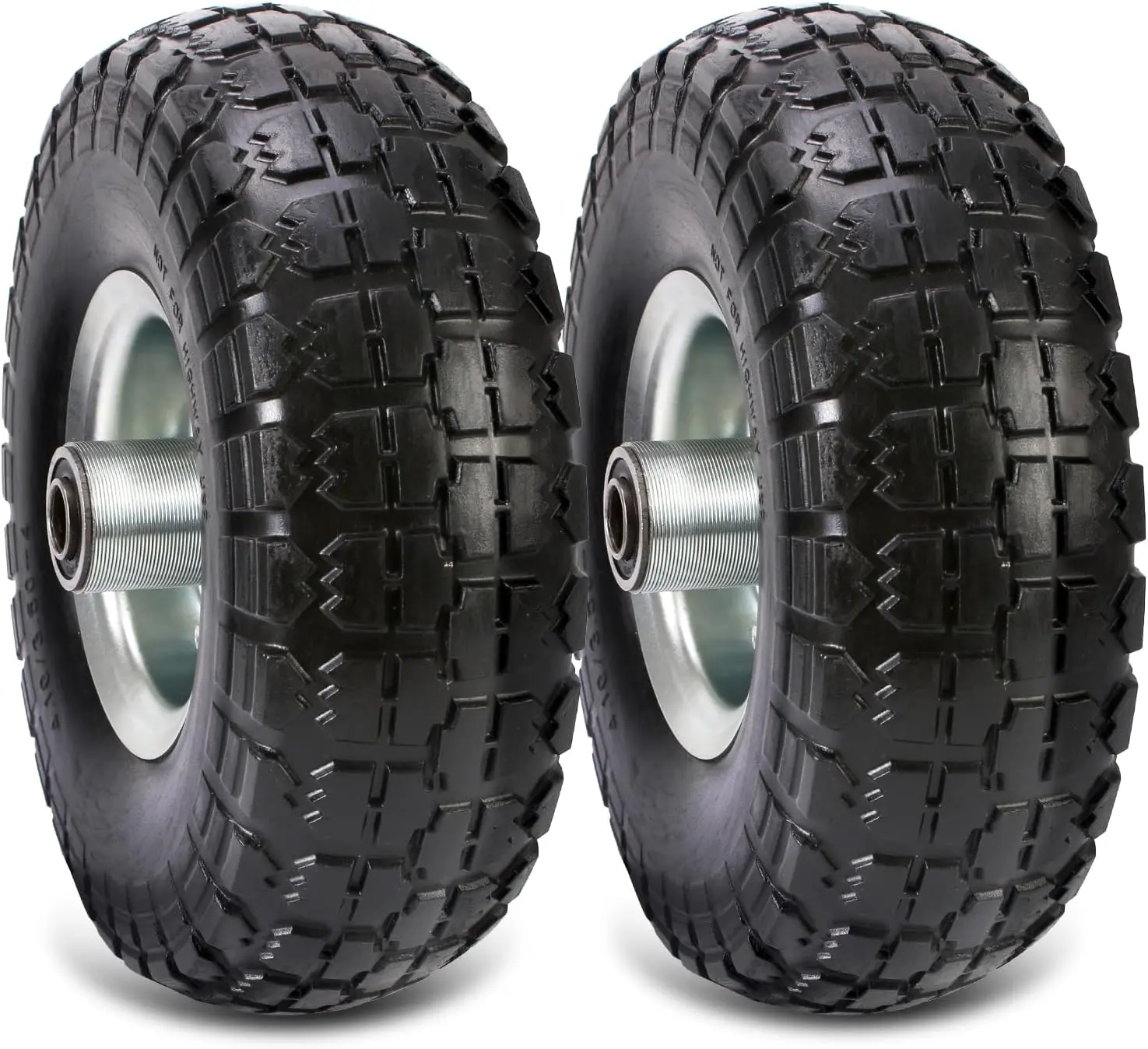 (2 Pack) 10 Inch Solid Polyurethane Tire 4.10/3.50-4 Tire, 10" Flat Free with 5/8" Bearings, 2.2" Offset Hub for Garden Cart, Hand Truck, Lawn Cart, Mower