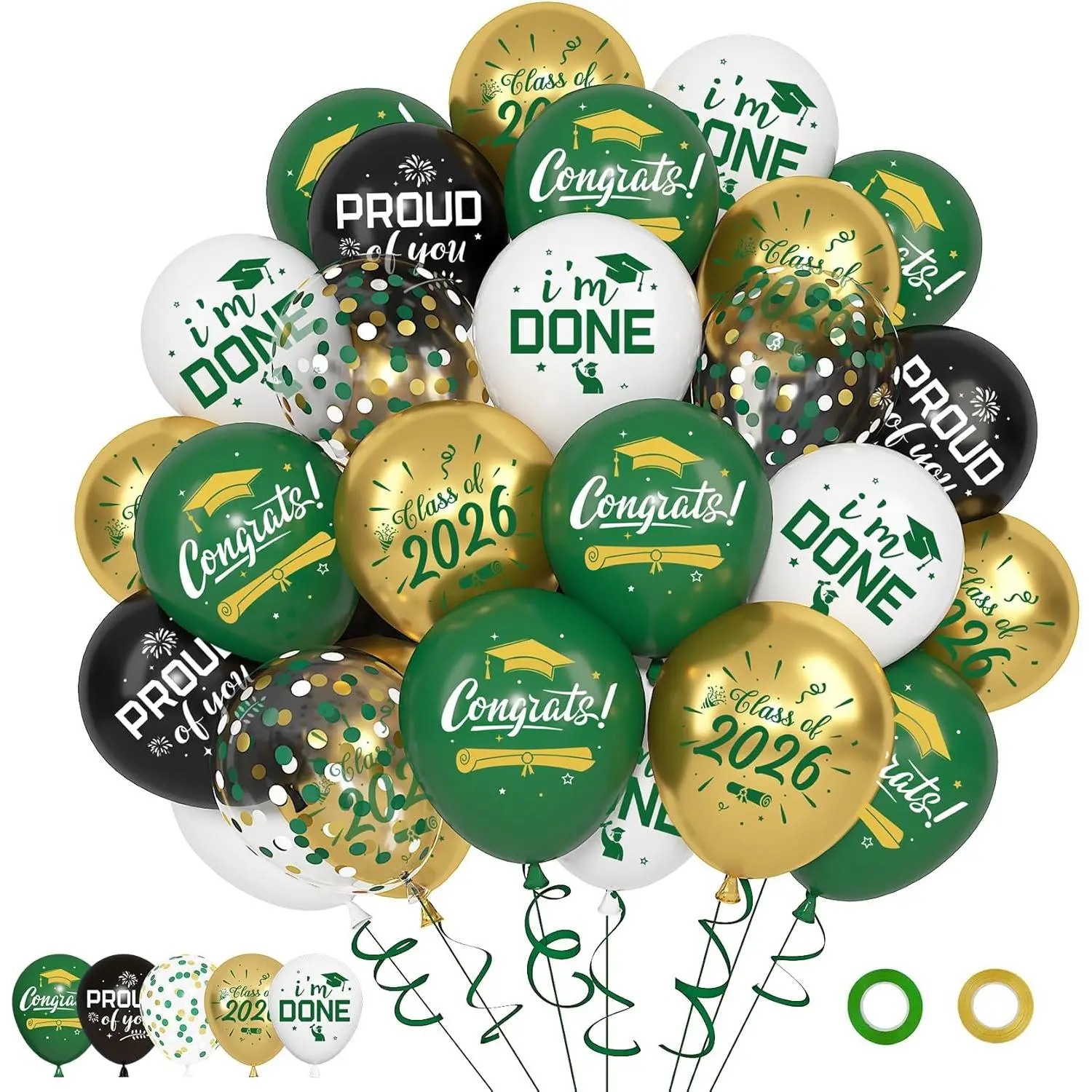 72pcs Green and Gold Balloons Set, Graduation Balloon with 12inch Green and Gold White Black Metallic Confetti Congrats Grad Balloons for College High School Class of 2026 Party Decorations Supplies