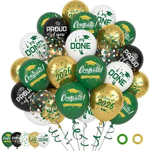 72pcs Green and Gold Balloons Set, Graduation Balloon with 12inch Green and Gold White Black Metallic Confetti Congrats Grad Balloons for College High School Class of 2026 Party Decorations Supplies