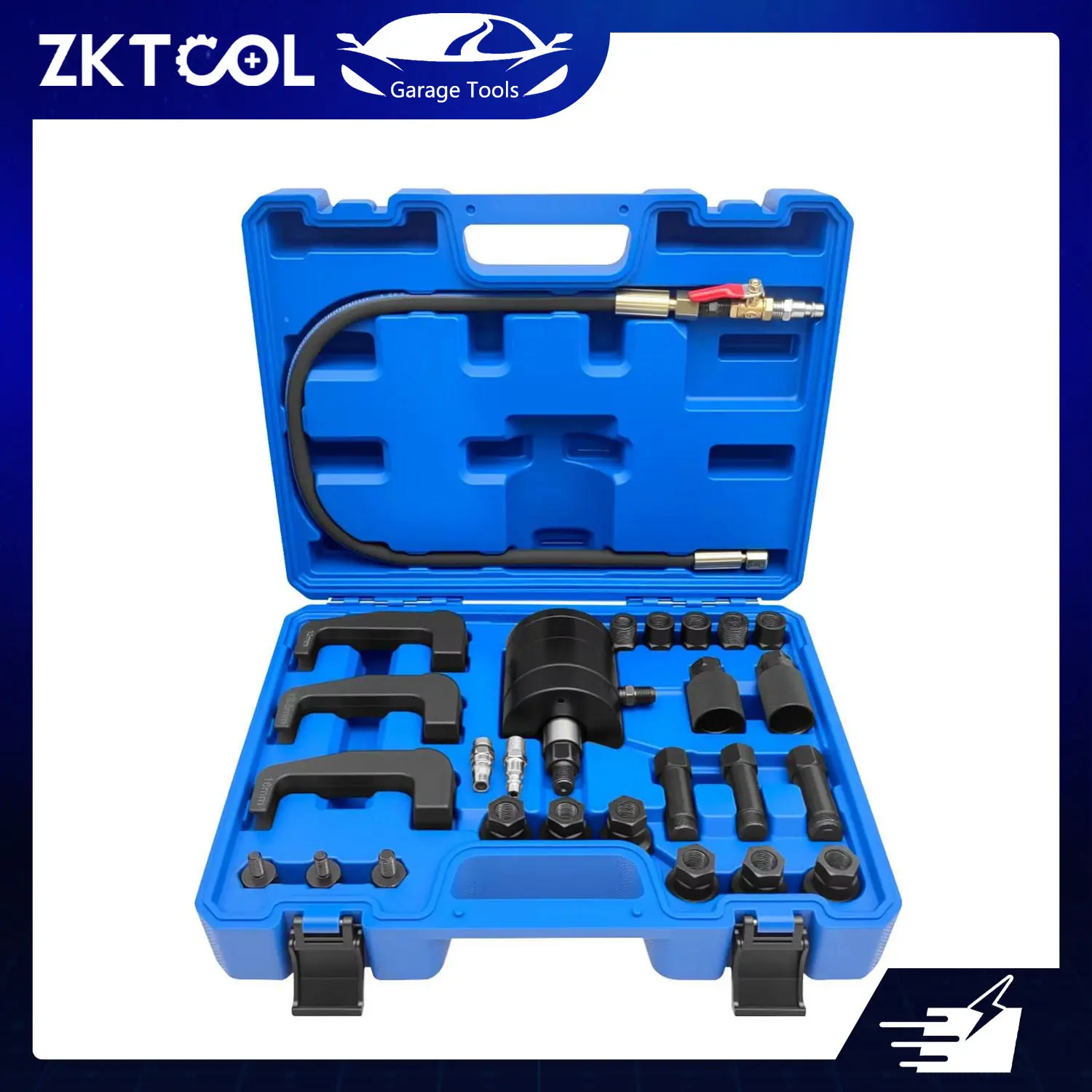 ZKTOOL 24-Piece Heavy Duty Alloy Steel Pneumatic Diesel Injector Puller Kit, Automotive Vehicle & Mechanic Tool with 19 Adapters
