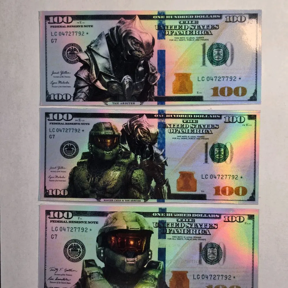 Holographic Halo Inspired 100 dollar bill stickers