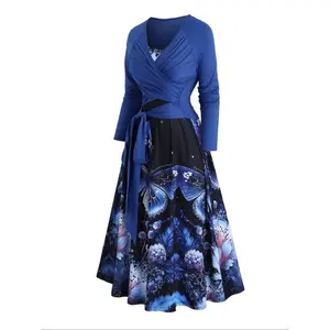【Plus Size】 Plain Ruched Top & Butterfly Print Cami Dress Two-piece Set, Casual Long Sleeve Top & Adjustable Strap Long Dress for Daily Wear, Women's Two-piece Outfits for Spring & Fall, Outfit Sets for Women, 2 Piece Sets Women