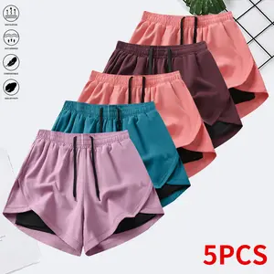 Women’s summer shorts: double-layer faux two-piece mid-length knit pants made from polyester–spandex fabric; breathable, quick-drying compression base layer shorts with elastic drawstring waist; suitable for fitness training, casual sports, and running.