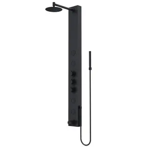 Bowery 6-1/4" Round Matte Black Shower Panel with Waterfall Head, Hand Shower, Jets & Tub Spout