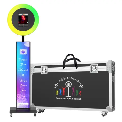 MWE Portable Wood Selfie Booth Machine - Selfie Accessory with Bluetooth Remote Shutter, Free Custom Logo Stickers, Screen Ring Light, iPad Compatibility, Smart App Control, Built to Travel for Weddings, Parties