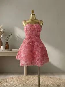 QFAF 2026 Pink/blue Floral Mini Dress for Women, 3D Rose Textured Spaghetti Strap Dress, Back Lace-Up Corset Style A-Line Short Dress, Cute, Formal Party Dress, Feminine, Summer Cocktail Dress, Sleeveless Fit and Flare Dress