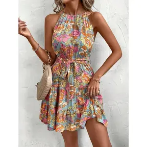 Multicolor Clasi Floral Print Elastic Waist Ruffle Hem Dress Summer Dress Casual Fabric Fit Sleeve Womenswear Viscose Boho Bohemian summer outfits sundress waisttrainers milkmaid dresses