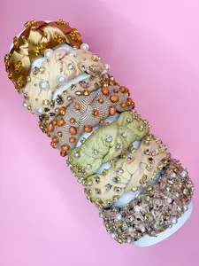 Gold & Beige Jeweled Headbands Winter Holiday Headbands Champagne Pearl Crystal Hair Accessories Neutral Sparkly Headbands for Festive Looks