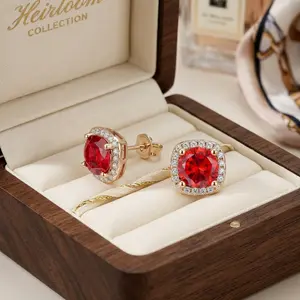 【2026 Trend Alert】Women's Champagne Gold 1CT Red Moissanite Cushion Halo Stud Earrings, Artificial Gemstone Jewelry Gift with Authenticity Certificate