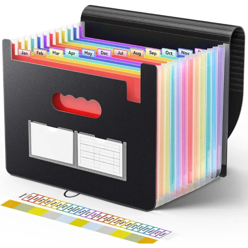 13 Pockets Expanding File Folder, Portable Monthly Paper Bill Tax Receipt Organizer, Letter A4 Size Document Holder with Blank Labels, Black