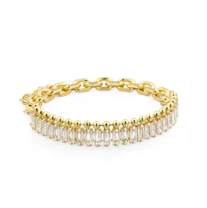 Aprilery Women’s Statement Two-Panel Bracelet – Chunky Links & Baguette Crystal Band, Bold Modern Design, Versatile for Layering Looks/Daily Styling, Trendy Jewelry Piece