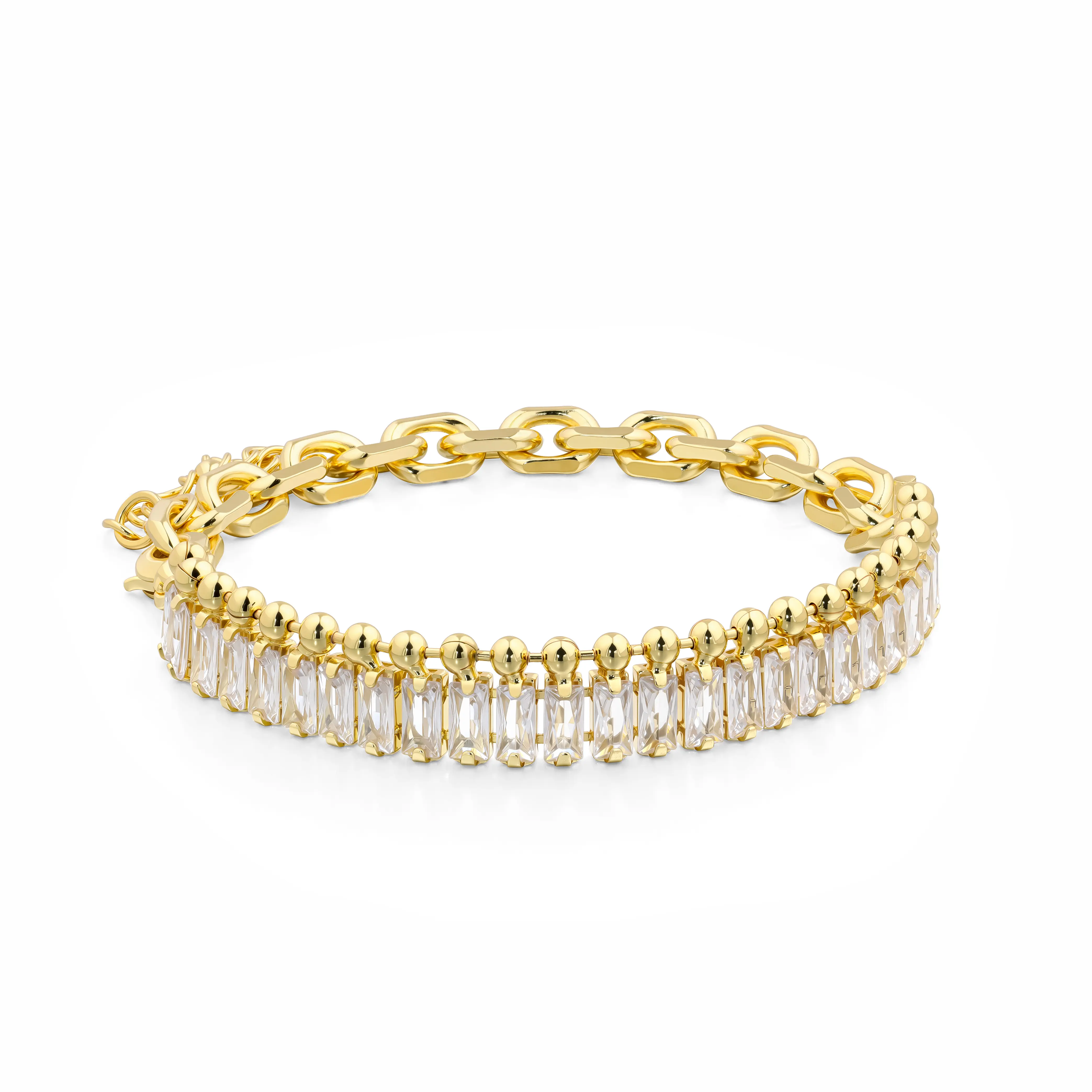 Aprilery Women’s Statement Two-Panel Bracelet – Chunky Links & Baguette Crystal Band, Bold Modern Design, Versatile for Layering Looks/Daily Styling, Trendy Jewelry Piece