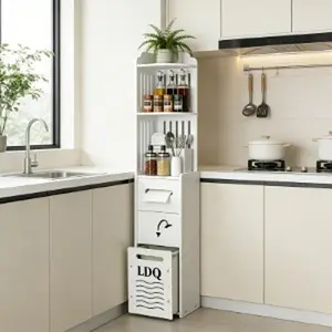 LDQ 47 Inch Modern Slim PVC Bathroom Storage Cabinet, Kitchen Organizer, Narrow White Floor Organizer with Paper Holder & Hidden Trash Can, Space-Saving Corner Shelves for, Minimalist Apartment & Dorm, Multi-Purpose Stand for Kitchen, Entryway & Laundry