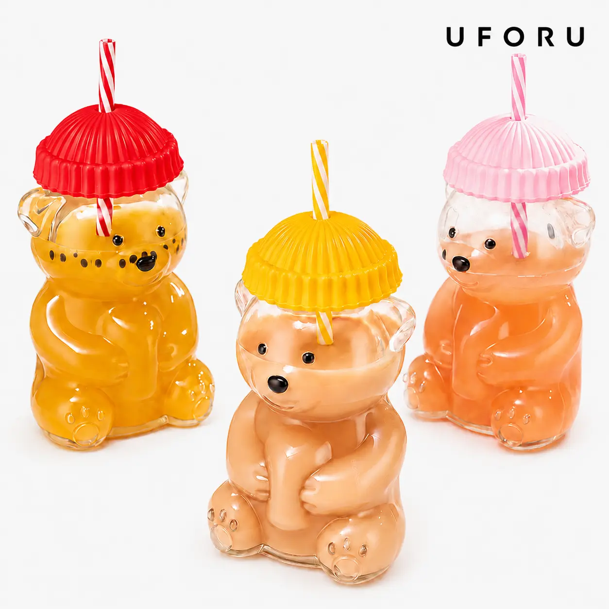 UFORU Cute Bear Glass Cup with Straw and Lid, Creative Bear Shaped Drinking Glass, Clear Glass Tumbler for Juice, Iced Coffee, Milk Tea, Smoothies, Party Drinks and Gifts