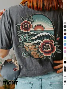 Women's Floral & Landscape Print Round Neck Tee, Lady Bohemian Chic Casual Short Sleeve Crew Neck T-shirt for Summer, Fashion Women's Top for Daily Wear, Crewneck, Casual Loose Tee