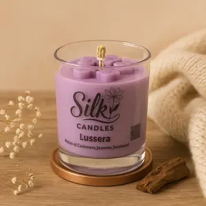 Silk Candles Lussera 8.6 oz Elegant Cashmere Jasmine Sandalwood Scented Glass Jar Candle for Cozy Luxurious Ambiance