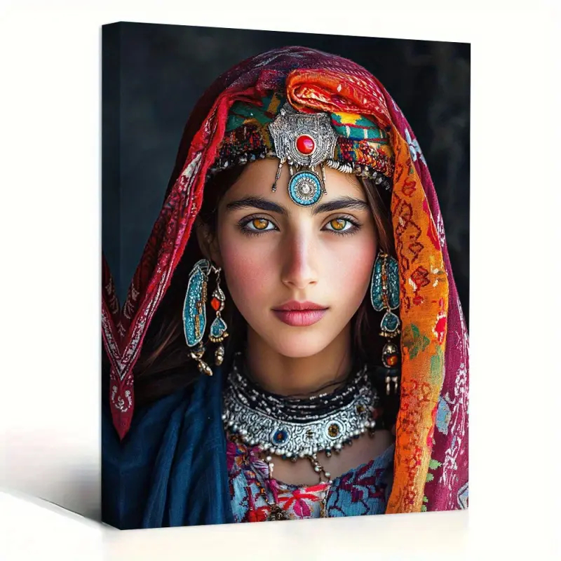 A Wooden Frame Canvas Painting Wall Art, Ready to Hang Sturdy - Featuring Afghan Kuchi Tribe Jewelry Art Print, Size 11.8X 15.7inch . This Vivid Cultural Heritage Decoration is Suitable for Bedrooms, Kitchens, Offices, Farmhouse Living Rooms, and Bars. It