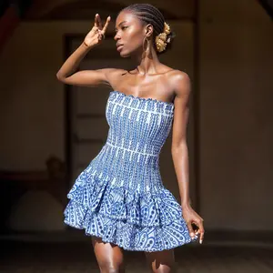 Women's Blue White Printed Strapless Mini Dress, Smocked Bodycon Tube Sundress with Ruffled Edge & Tiered Ruffle Hem, Y2K Coastal Coquette Summer Beach Vacation Casual Outfit