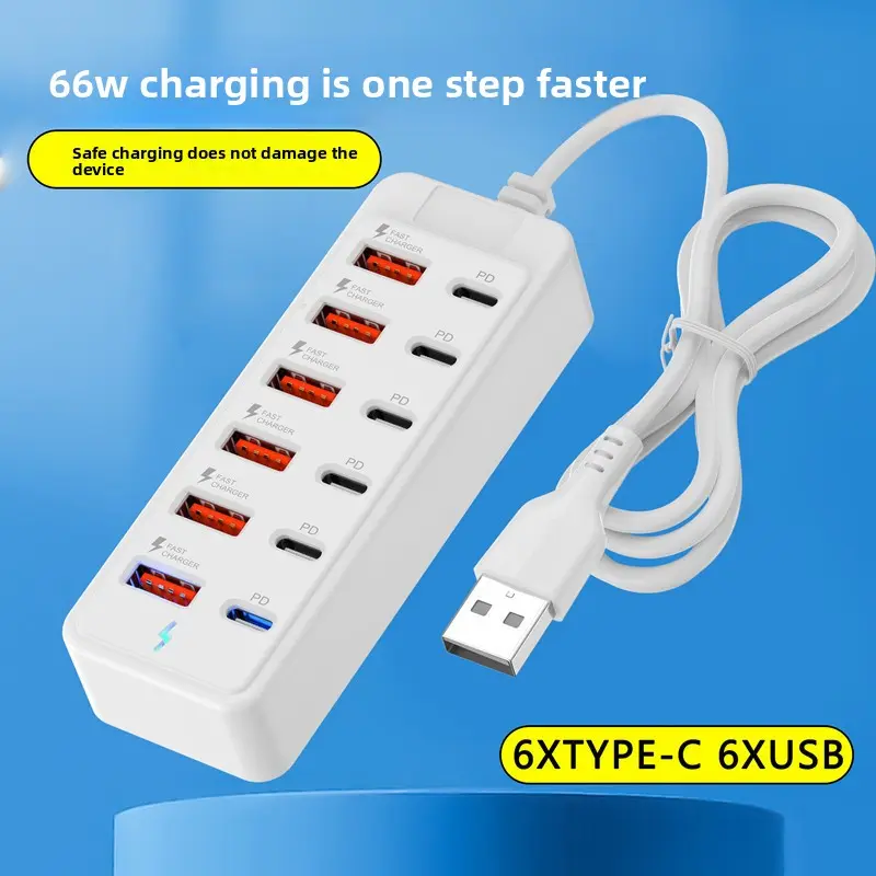 66W Fast Charging 12-Port 6USB+6Type-C/PD USB Charging Station and Hub, Compatible with Smartphones Tablets Laptops PD Devices, Compact Multi-Port Charger USB Charging Gateway No External AC Adapter Required