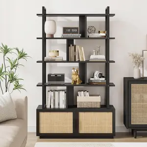Garvee 5-Tier Industrial Bookshelf with Rattan Cabinet, 71 Inch Tall Bookcase, Metal Frame Storage Shelf with 4 Open Shelves & 1 Door for Living Room, Bedroom, Black