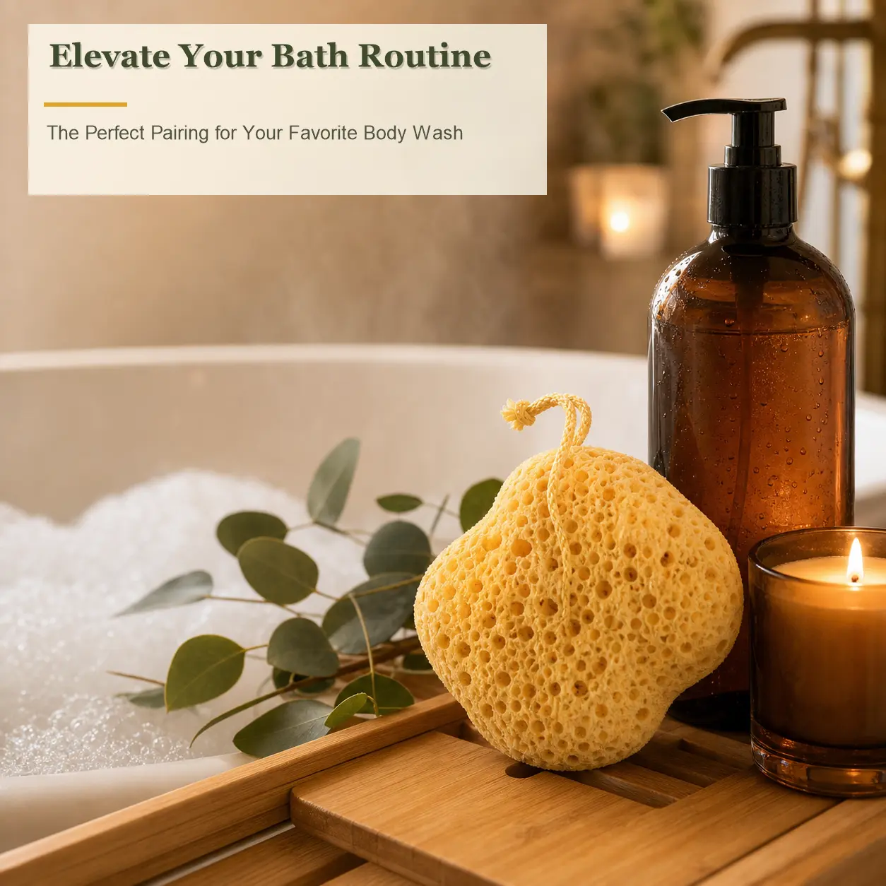 Large bath sponge - super soft exfoliating body sponge, dense foam for deep cleaning, suitable for sensitive skin and dry skin, light beige - male and female - with hanging ring for easy storage, texture surface design, solid hanging rope