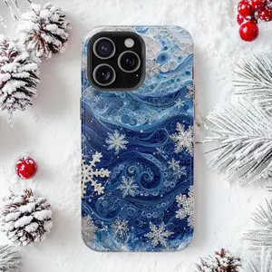 Blue Snowflake Phone Case, Winter Swirl Cover Compatible with iPhone 17 16, 15, 14, 13 12 11 XR, Samsung And Pixel, Christmas Season Gift Snowy Gift for Him Her