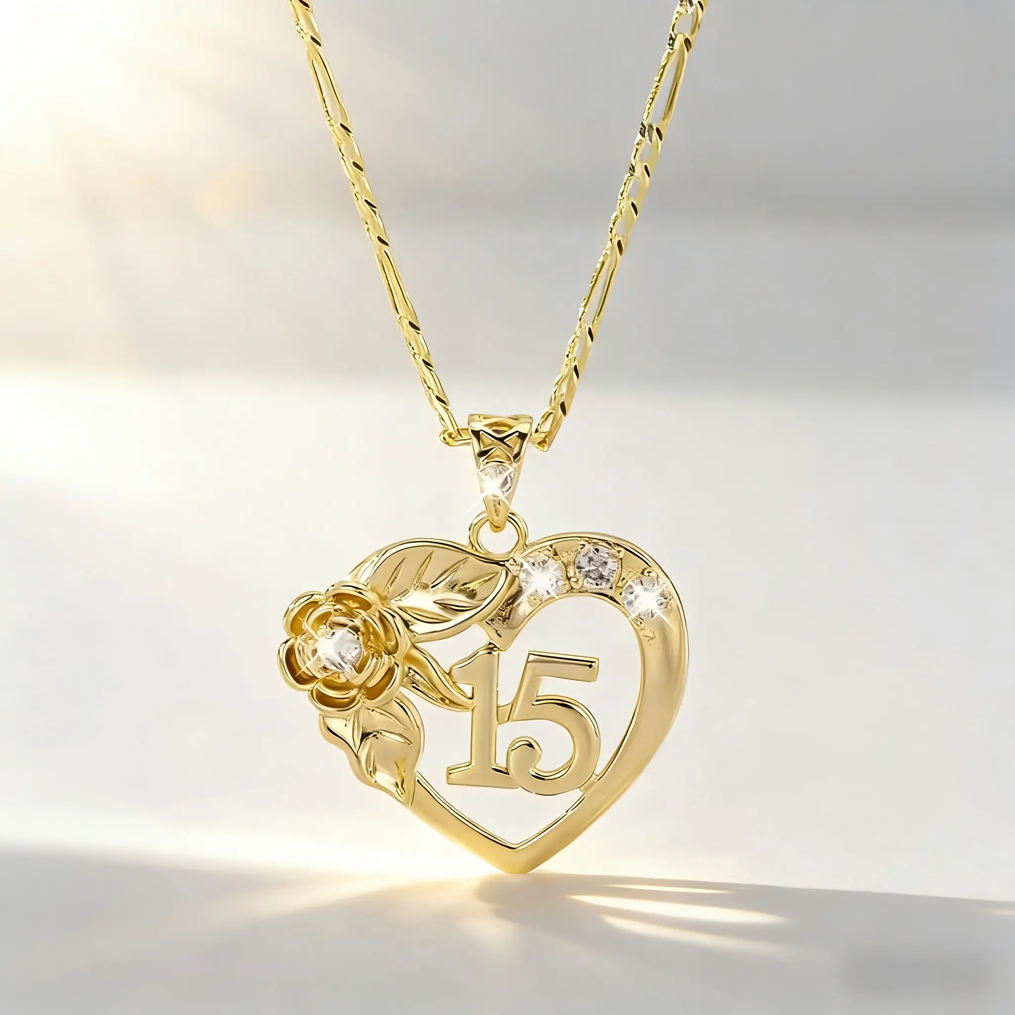15th Birthday Gold Plated Heart Necklace for Women Quinceañera Rose Flower Pendant with Cubic Zirconia Fashion Jewelry Gift for 15 Year Old Girl