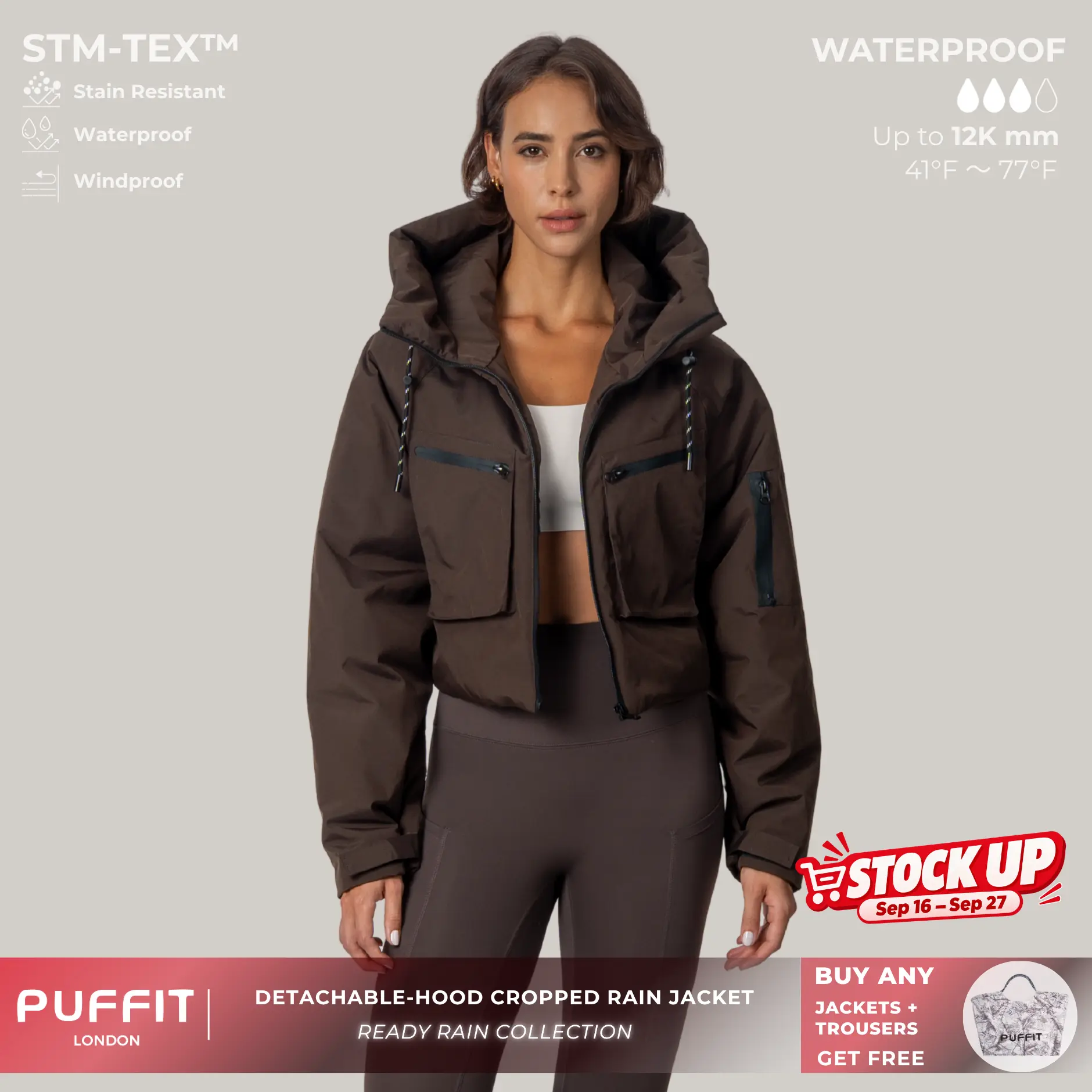 PUFFIT STM-TEX Elevated Cropped Detachable-hood Rain Jacket With Drawstring Hem,WaterProof,Stain Resistant,Windproof,Women's Rain Jacket,Breathable Stylish,Inner Pocket Design,Outdoor Sport,Windbreaker,School Running,Womenswear,,Fall,Winter,2026 Shopping