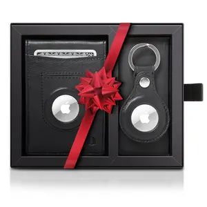 Genuine Leather Money Clip Air Tag Holder Bifold Wallet and AirTag Key Chain Holder Gift Set Comes in Gift Box - Air Tag NOT Included