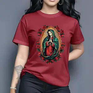 Catholic Faith Virgin of Guadalupe Surrounded by Red Roses T-shirt, Soft White Cotton, Perfect for Mexican Heritage & Everyday Street Wear