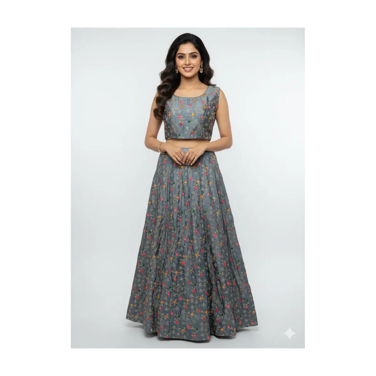 K27 Steel Grey Embroidered Lehenga Set – Crop Blouse(sleeve attached) + Flared Skirt