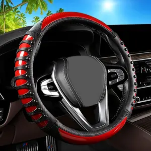 3D Massage Red Carbon Fiber Leather Steering Wheel Cover, 14.5-15 Inch Non-Slip Breathable Microfiber  Steering Wheel Protector