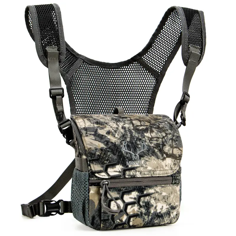 MOXULE Adult Hunting Bino Harness Chest Pack - Hunt Gear Outdoor Bag with Magnetic Lid, Water-Resistant Pockets, Adjustable Shoulder Straps, Breathable Mesh, 6.9"x3.95"x7.1" Light 6.9" Bino Fit, Rain-Cover Pocket, Neck Fatigue-Reducing Lightweight Design