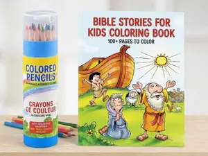 Bible Stories Coloring Book for Kids – Gigantic Faith Coloring Pages + 24 Junior Colored Pencil Set