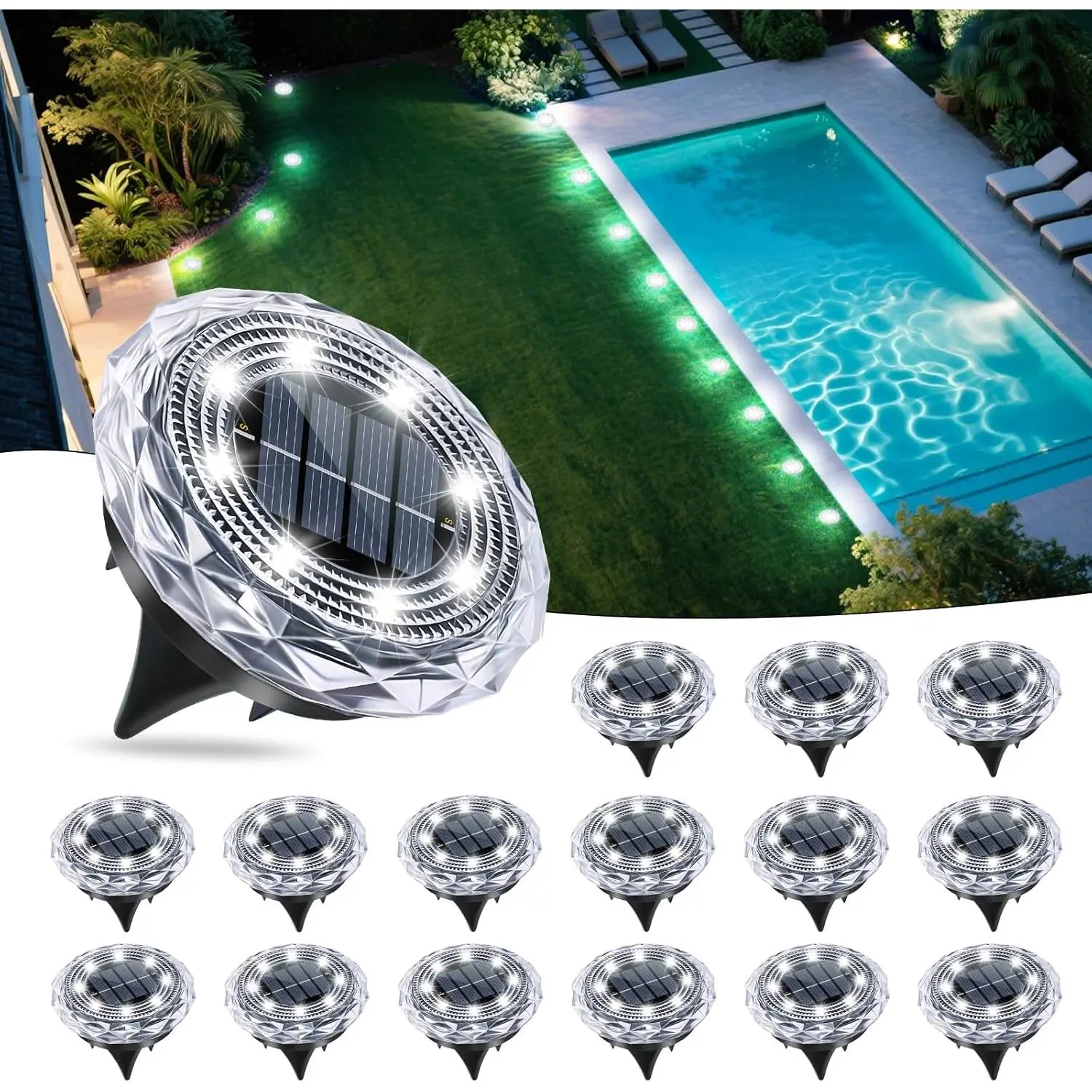16-Pack Cool White Solar Ground Disc Lights - Waterproof Solar Outside Lights, Plastic Body, Energy-Efficient, Not Smart Devices, for Patio, Deck, Home Improvement Landscape Lighting (Included Components, Multiple Packs Available)