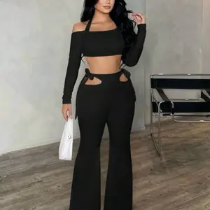 PT SXY Women's Black Knit High Elasticity Opaque Fabric Fitted Casual 2-Piece Set with Cut-Out Detail