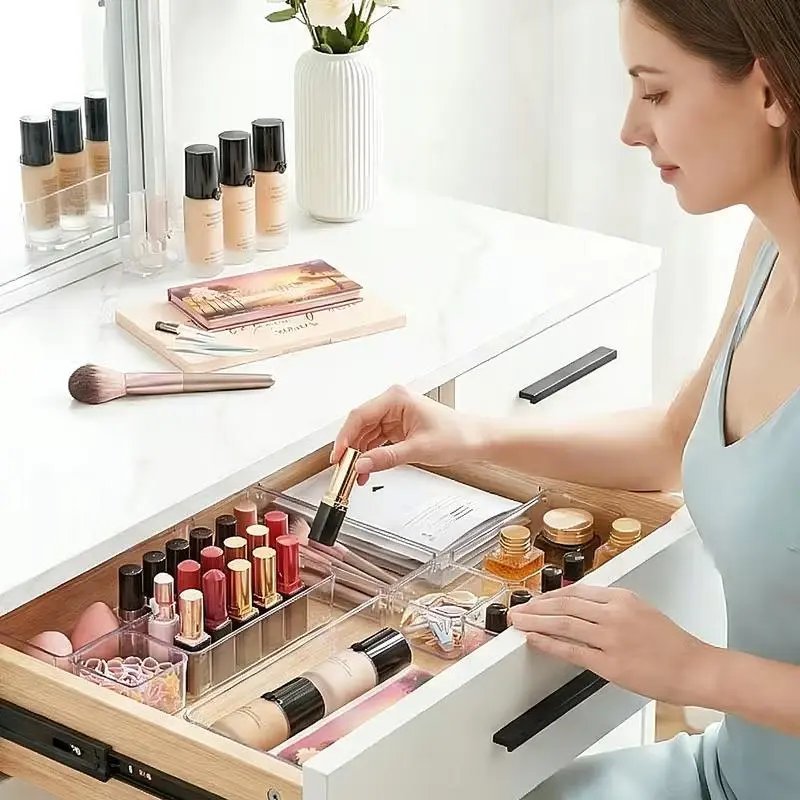 8-Piece or 25-Piece Clear Drawer Organizer Set, 4 Sizes Stackable Plastic Storage Trays, Transparent Desktop Bins for Makeup, Jewelry, Kitchen Utensils, Office Supplies, Bathroom & Medicine Cabinet - Customizable Storage Solution