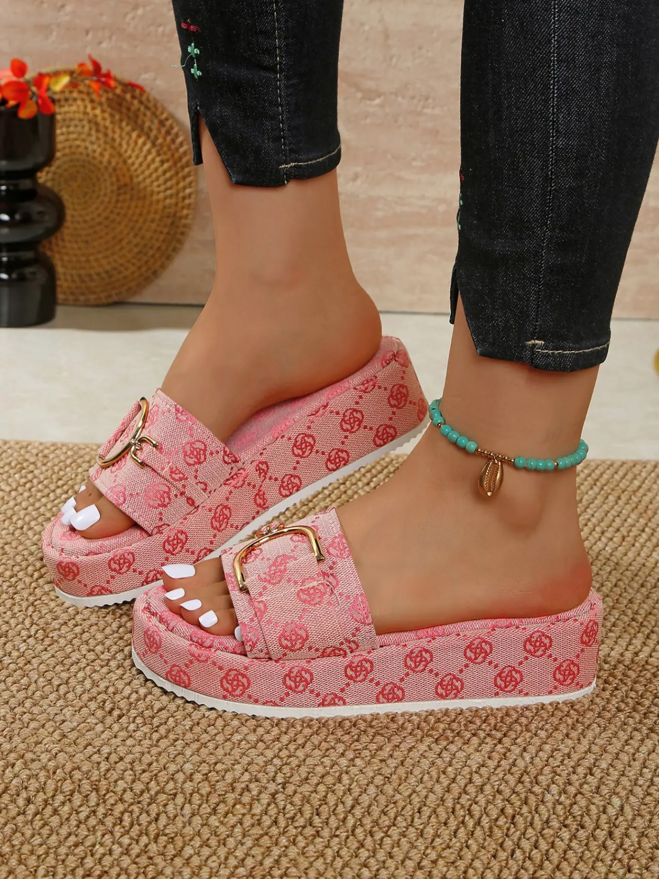 Women's Fashion Casual Thick Sole Chunky Platform Wedge Sandals, Summer Outdoor Beach Slippers, All over Print Textile Shoes